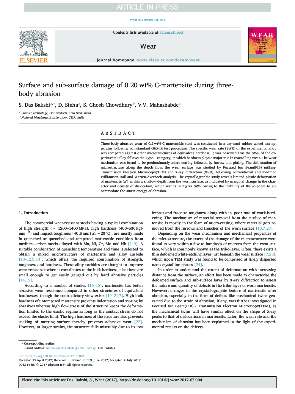 Surface and sub-surface damage of 0.20Â wt% C-martensite during three-body abrasion