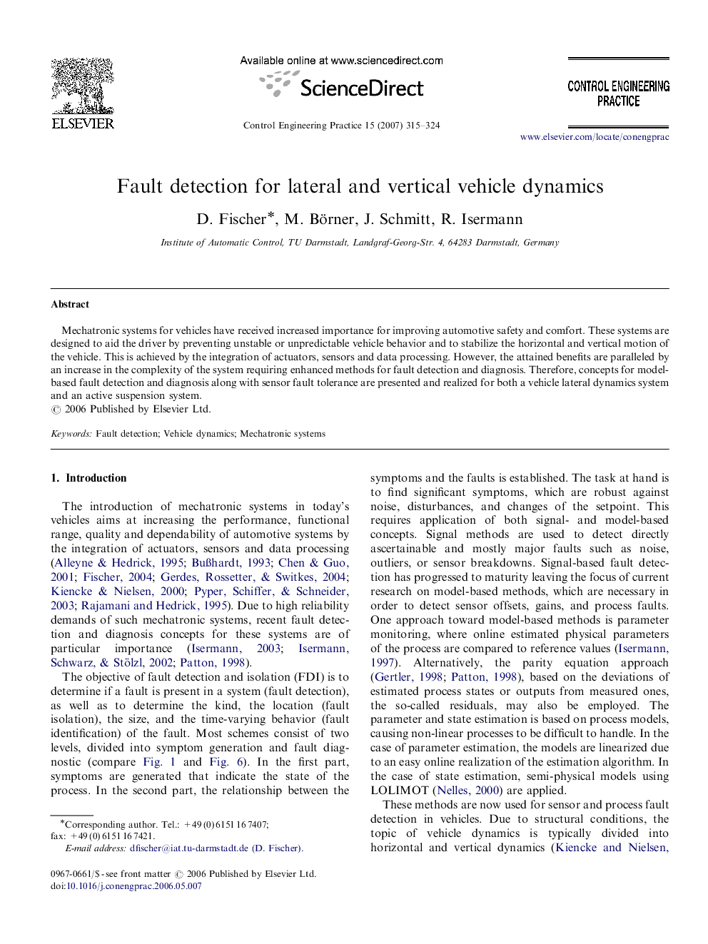 Fault detection for lateral and vertical vehicle dynamics