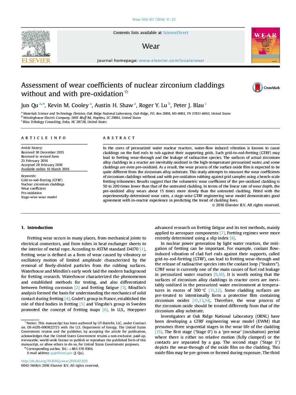 Assessment of wear coefficients of nuclear zirconium claddings without and with pre-oxidation