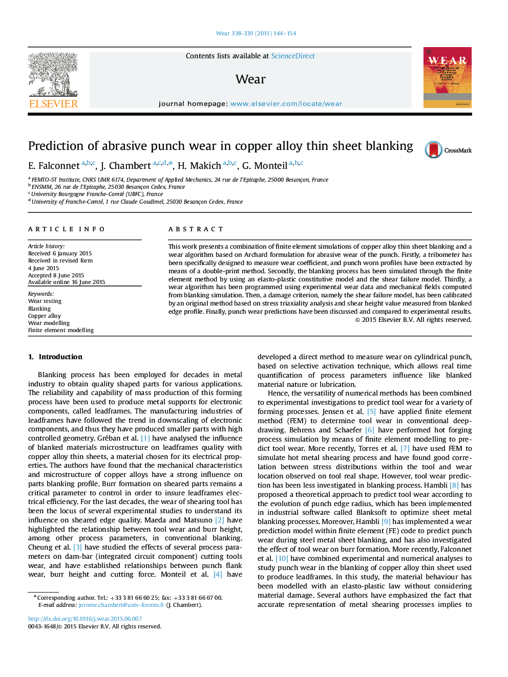 Prediction of abrasive punch wear in copper alloy thin sheet blanking