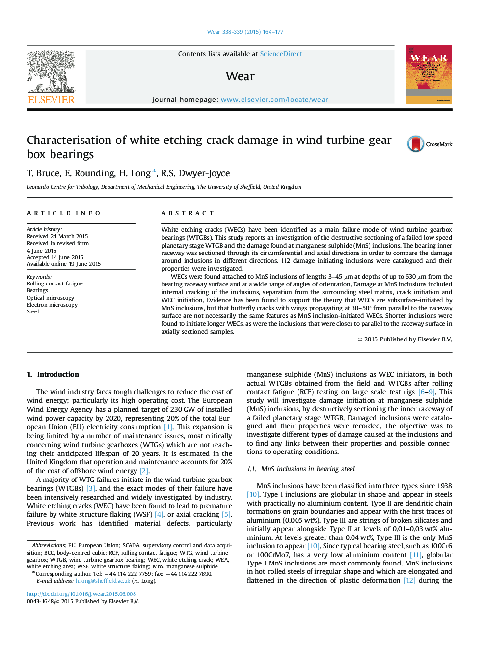 Characterisation of white etching crack damage in wind turbine gearbox bearings