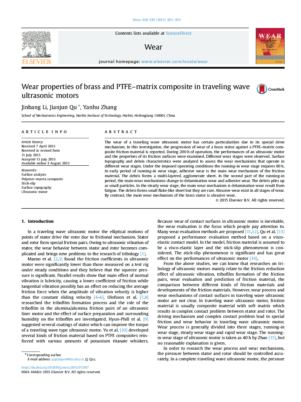 Wear properties of brass and PTFE-matrix composite in traveling wave ultrasonic motors