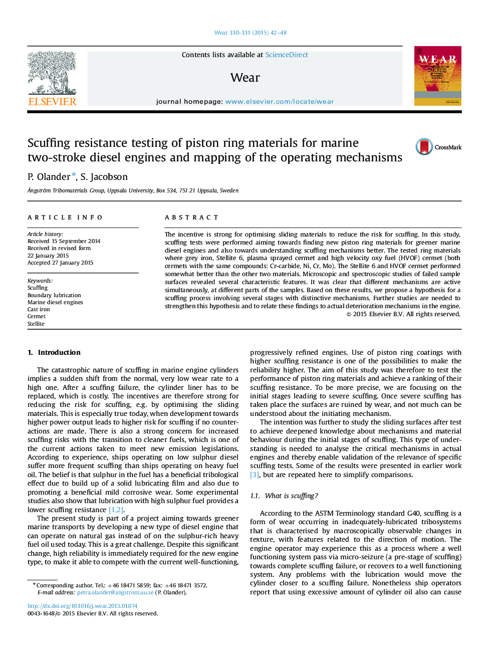 Scuffing resistance testing of piston ring materials for marine two-stroke diesel engines and mapping of the operating mechanisms