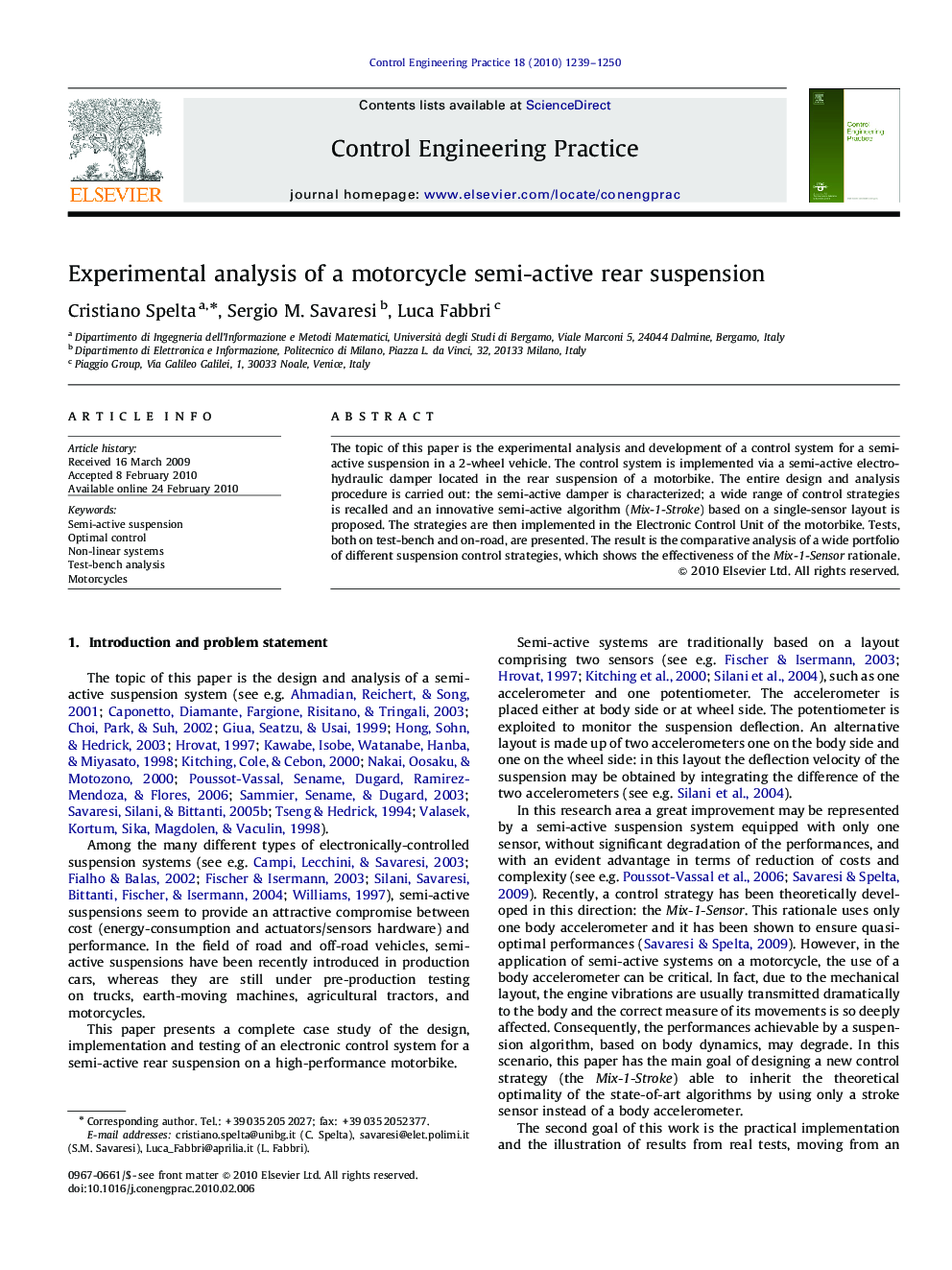 Experimental analysis of a motorcycle semi-active rear suspension