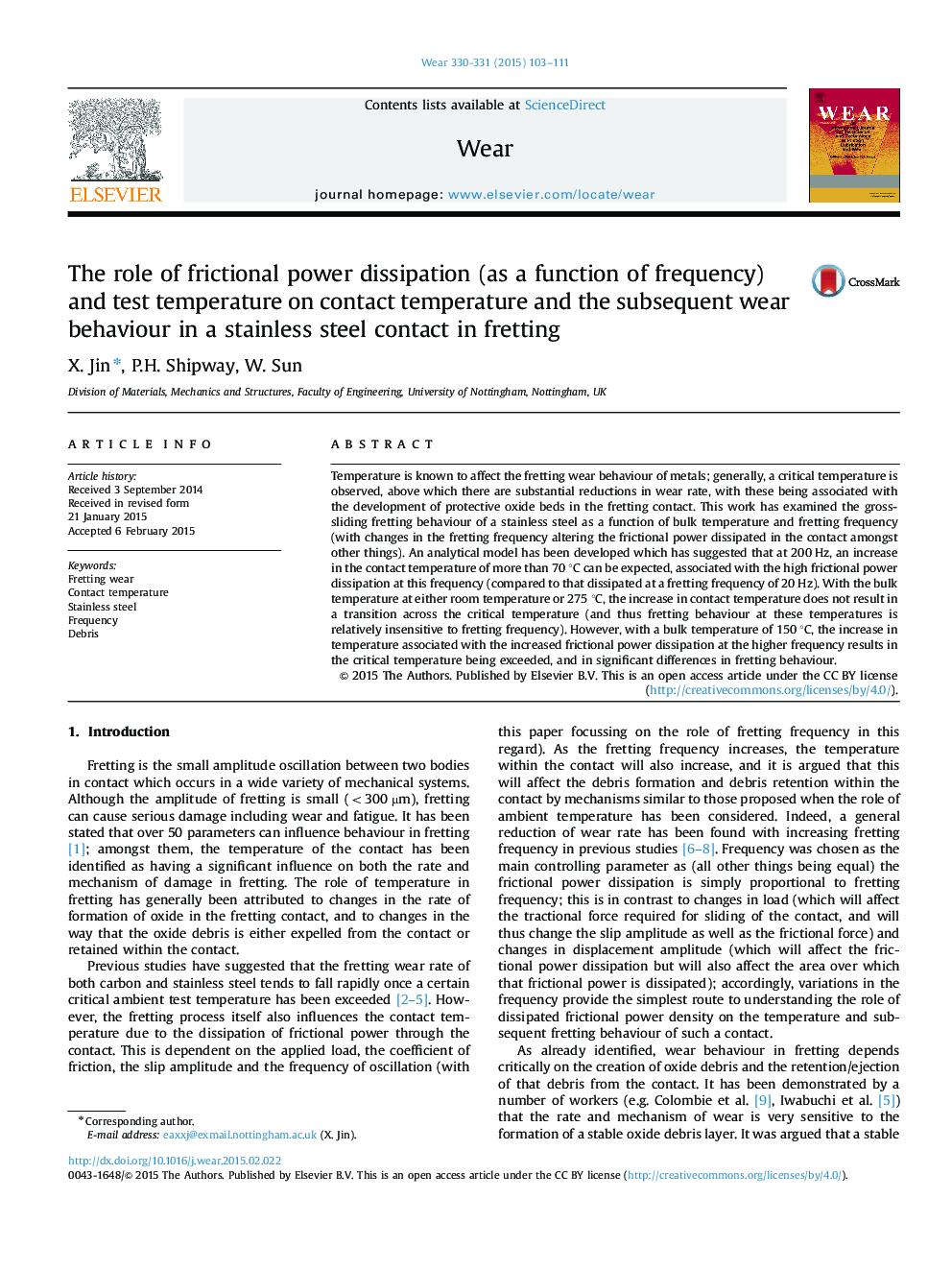 The role of frictional power dissipation (as a function of frequency) and test temperature on contact temperature and the subsequent wear behaviour in a stainless steel contact in fretting