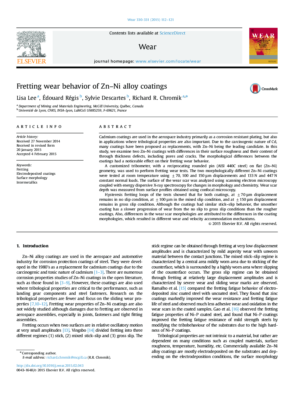 Fretting wear behavior of Zn-Ni alloy coatings