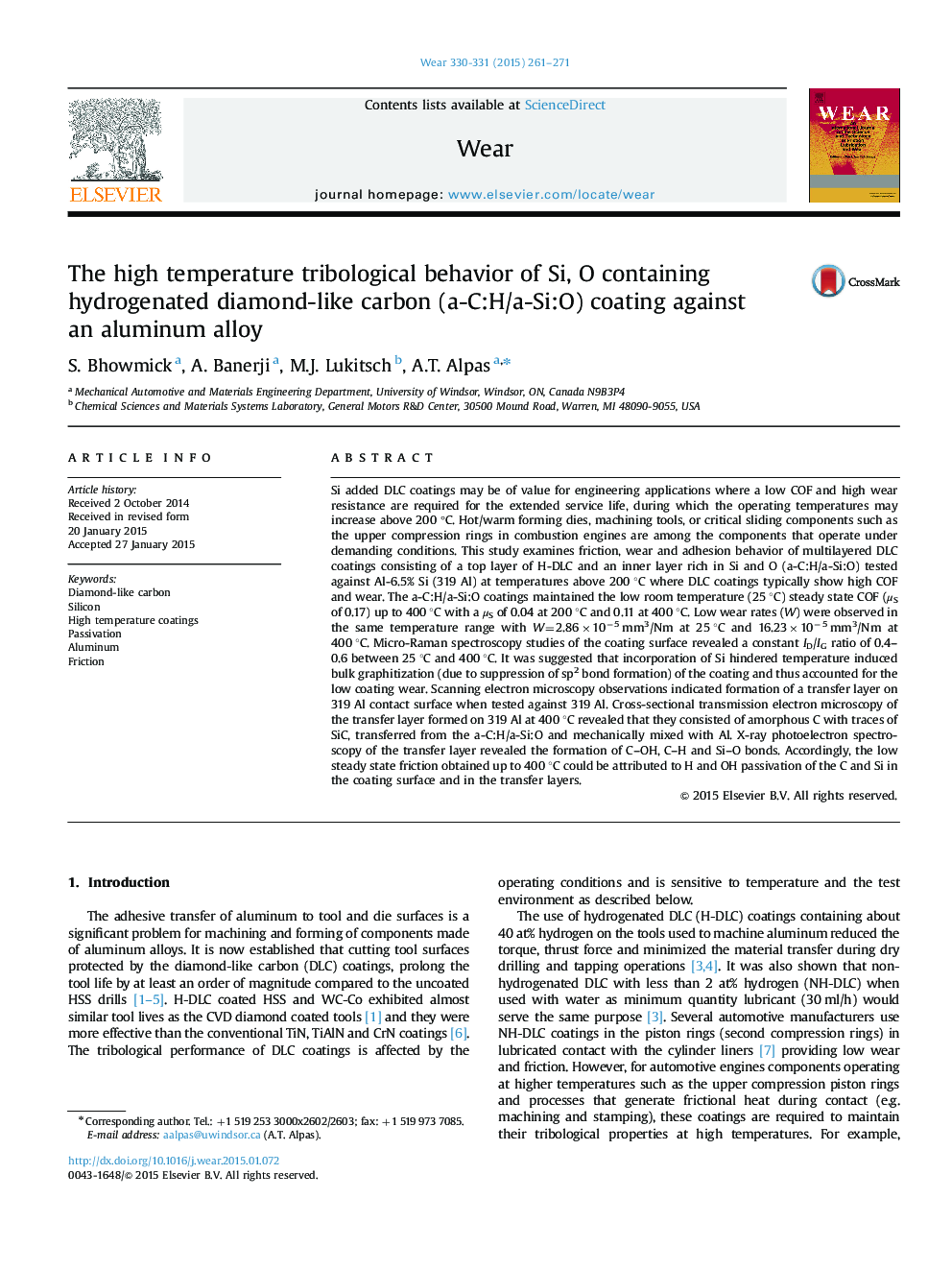 The high temperature tribological behavior of Si, O containing hydrogenated diamond-like carbon (a-C:H/a-Si:O) coating against an aluminum alloy