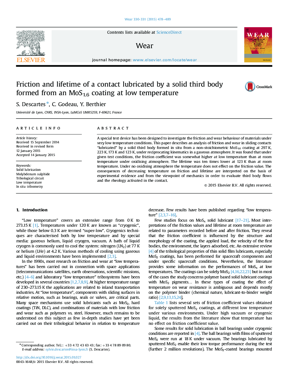 Friction and lifetime of a contact lubricated by a solid third body formed from an MoS1.6 coating at low temperature