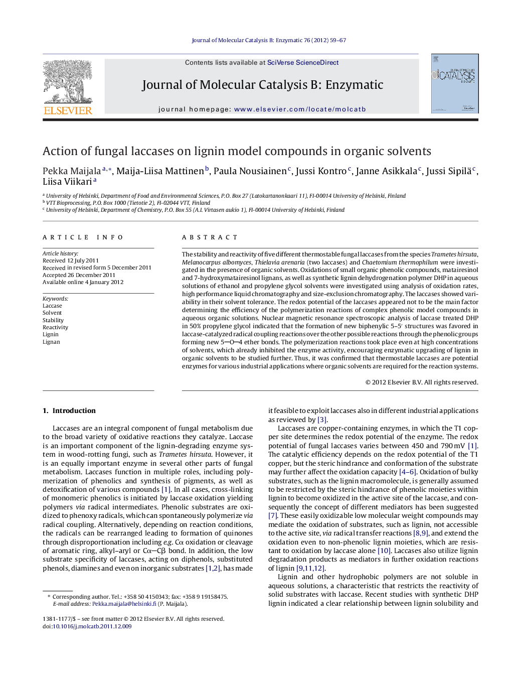 Action of fungal laccases on lignin model compounds in organic solvents