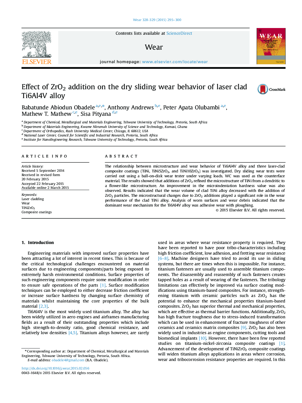 Effect of ZrO2 addition on the dry sliding wear behavior of laser clad Ti6Al4V alloy