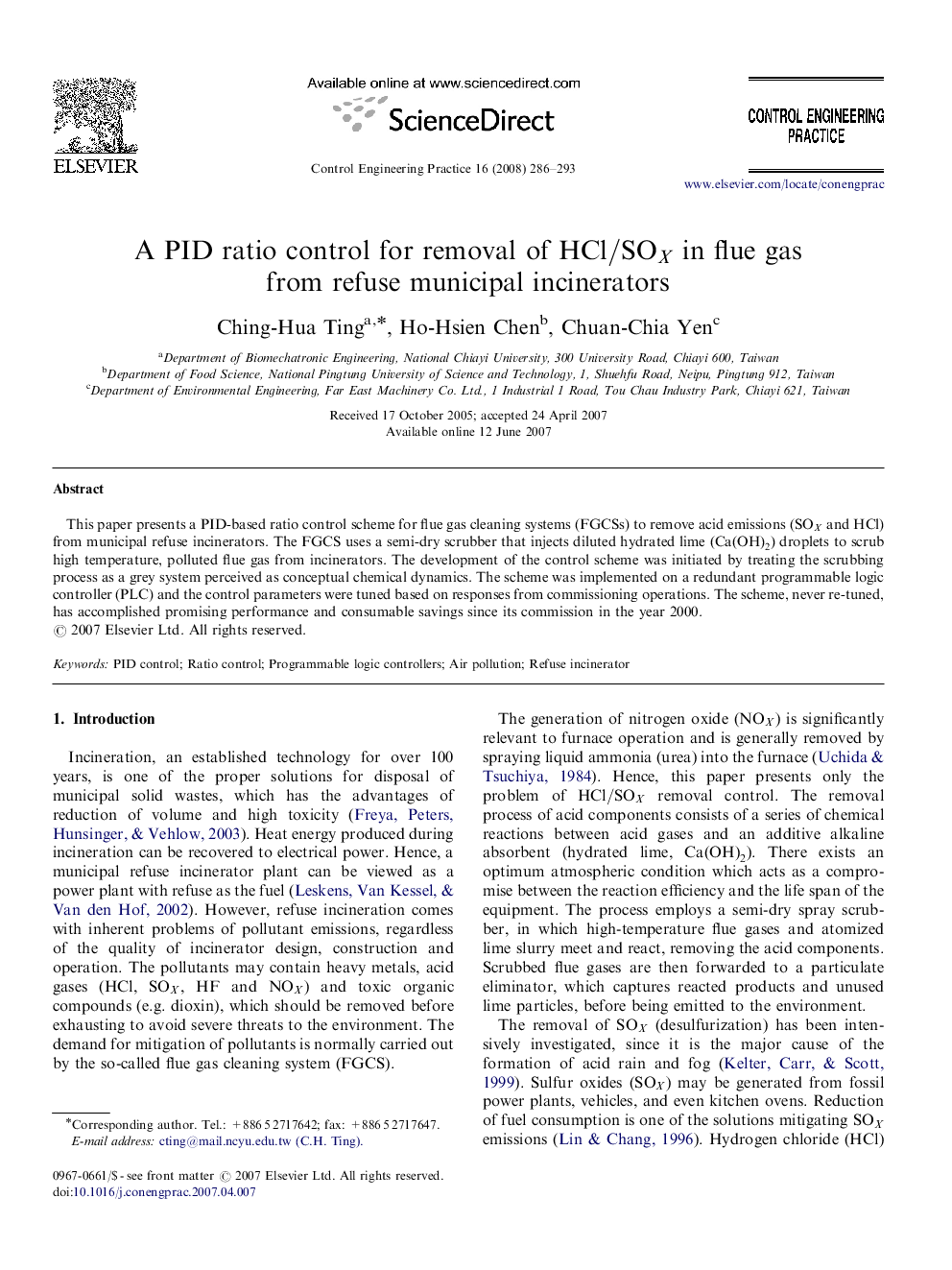 A PID ratio control for removal of HCl/SOXHCl/SOX in flue gas from refuse municipal incinerators