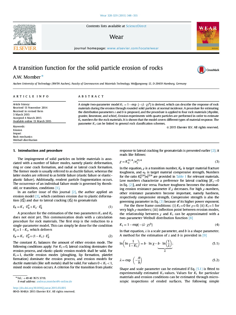 A transition function for the solid particle erosion of rocks