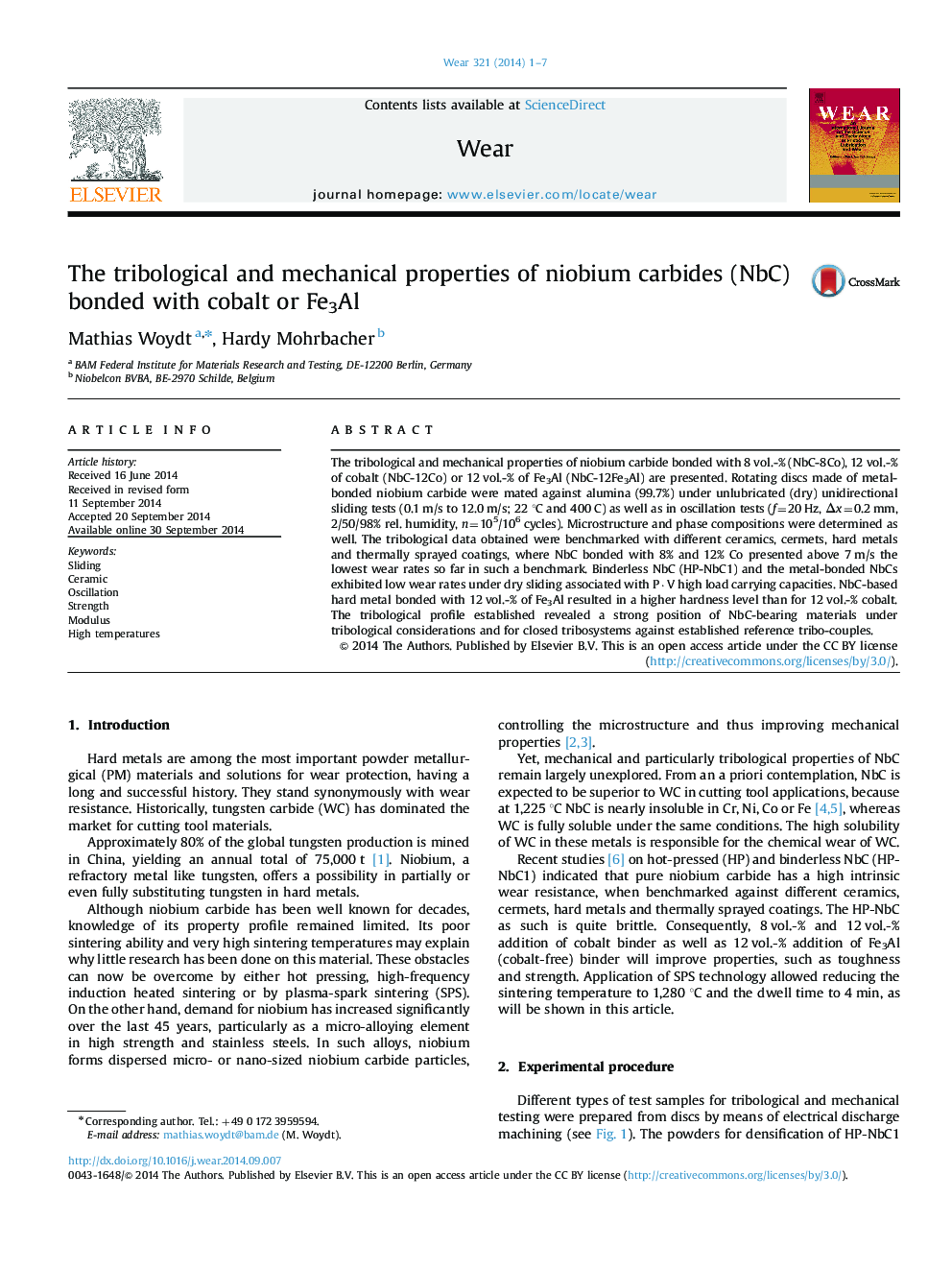 عکس صفحه اول مقاله: The tribological and mechanical properties of niobium carbides (NbC) bonded with cobalt or Fe3Al The tribological and mechanical properties of niobium carbides (NbC) bonded with cobalt or Fe3Al