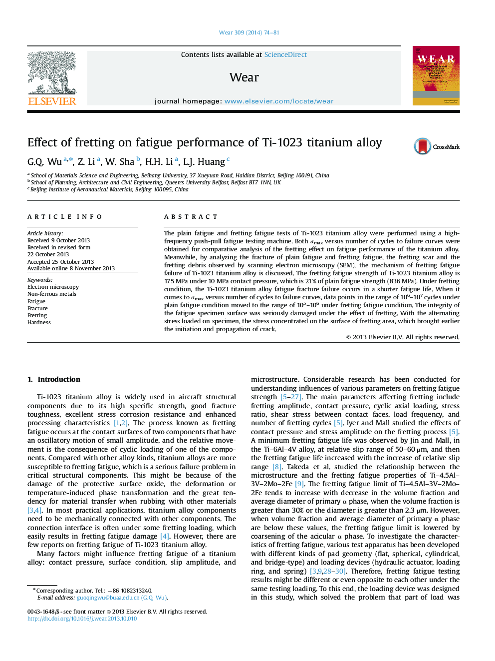 Effect of fretting on fatigue performance of Ti-1023 titanium alloy