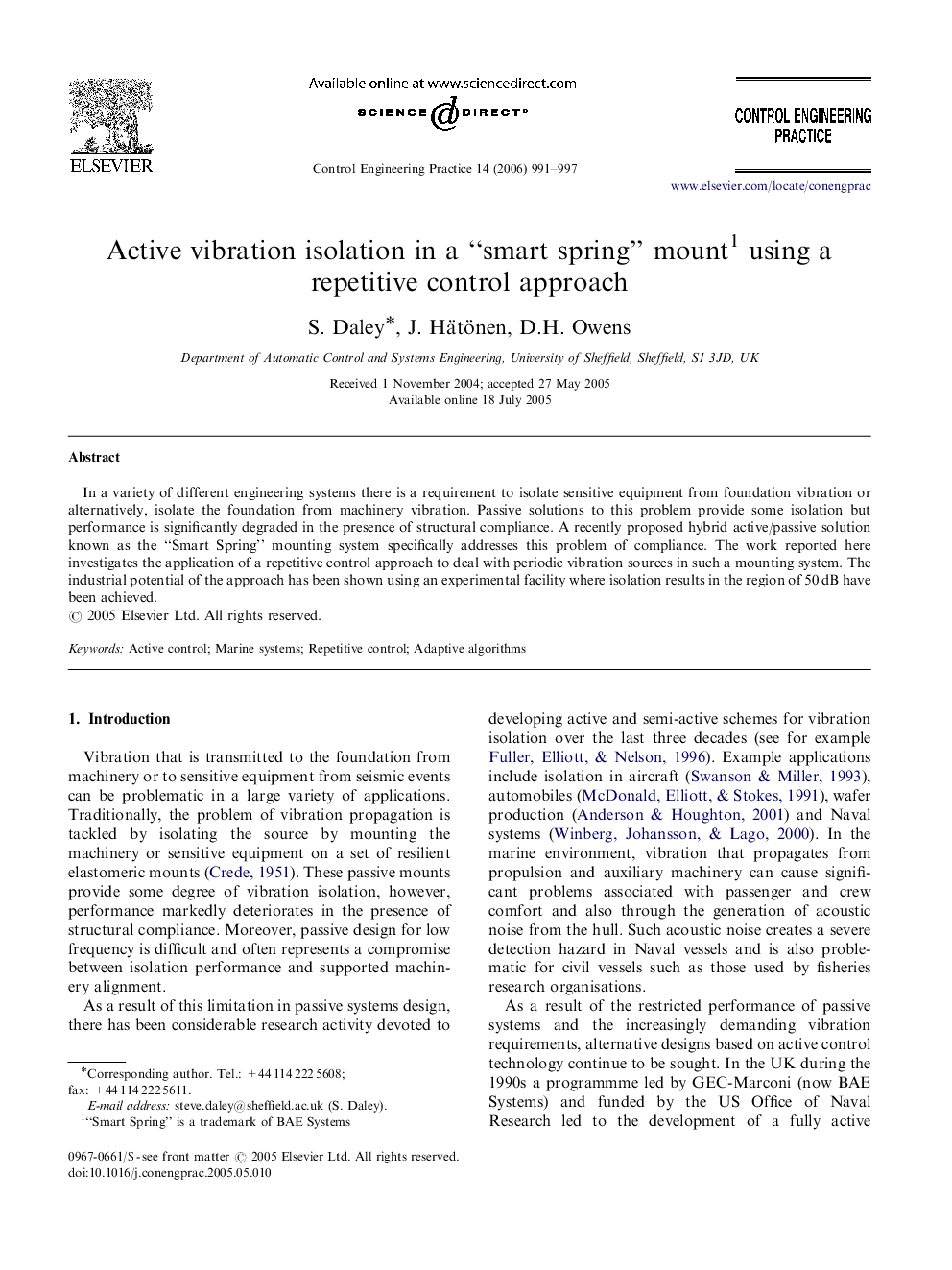 Active vibration isolation in a “smart spring” mount1 using a repetitive control approach