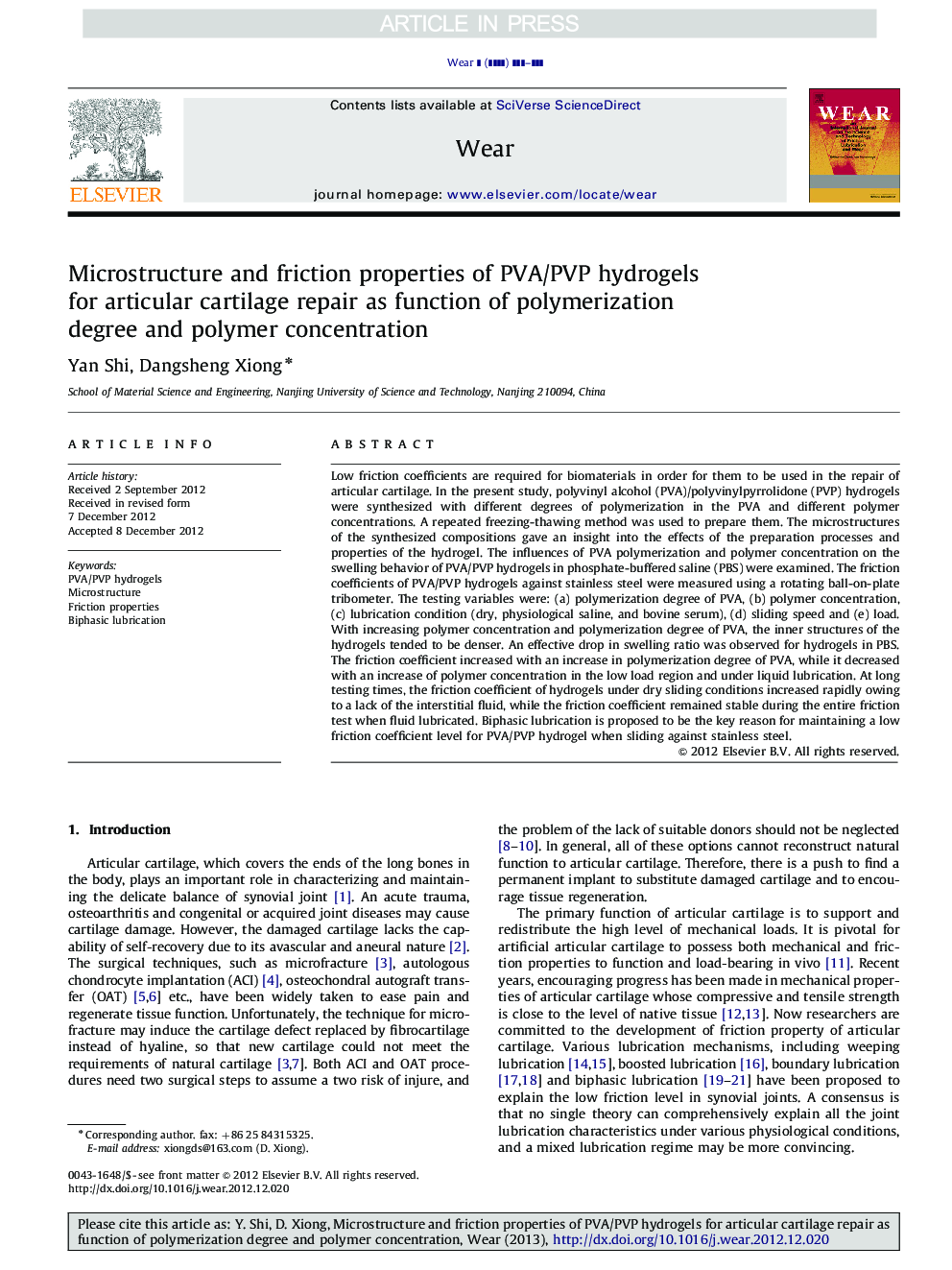 Microstructure and friction properties of PVA/PVP hydrogels for articular cartilage repair as function of polymerization degree and polymer concentration