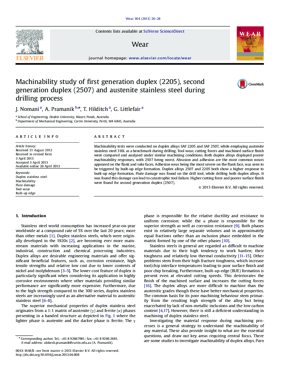 Machinability study of first generation duplex (2205), second generation duplex (2507) and austenite stainless steel during drilling process