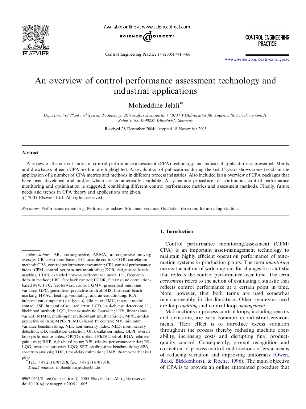 An overview of control performance assessment technology and industrial applications