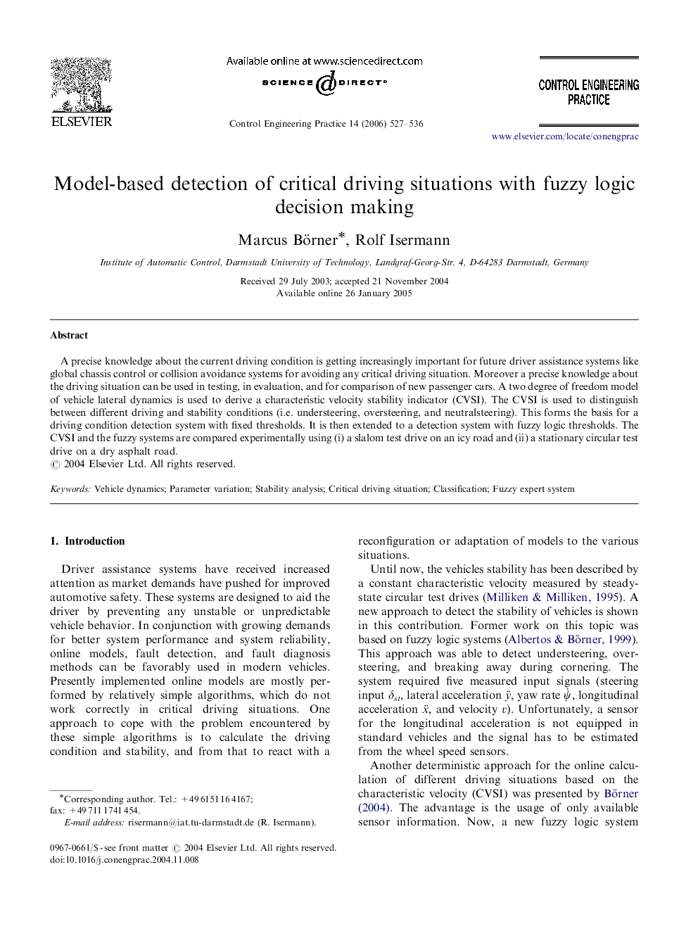 Model-based detection of critical driving situations with fuzzy logic decision making