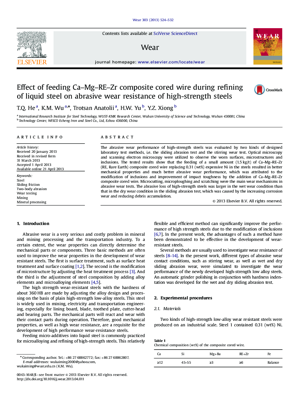 Effect of feeding Ca-Mg-RE-Zr composite cored wire during refining of liquid steel on abrasive wear resistance of high-strength steels