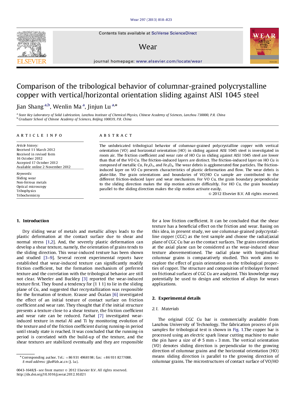 Comparison of the tribological behavior of columnar-grained polycrystalline copper with vertical/horizontal orientation sliding against AISI 1045 steel