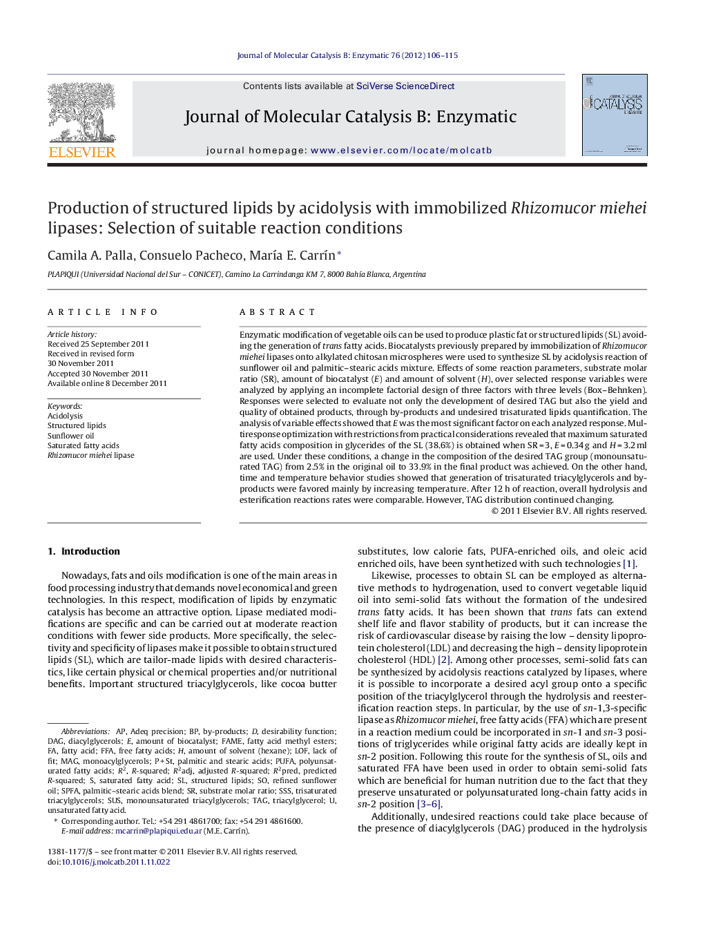 Production of structured lipids by acidolysis with immobilized Rhizomucor miehei lipases: Selection of suitable reaction conditions