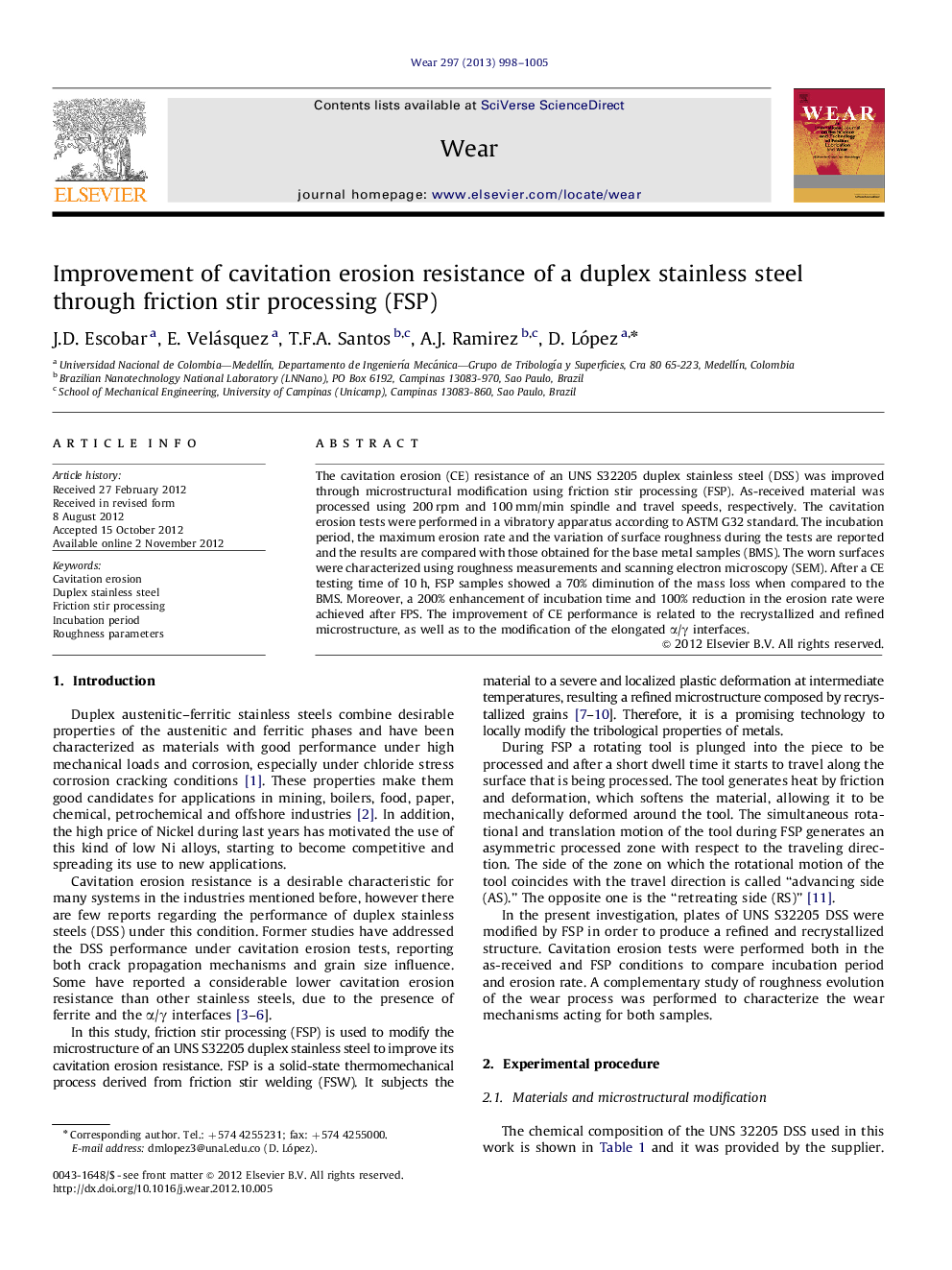 Improvement of cavitation erosion resistance of a duplex stainless steel through friction stir processing (FSP)