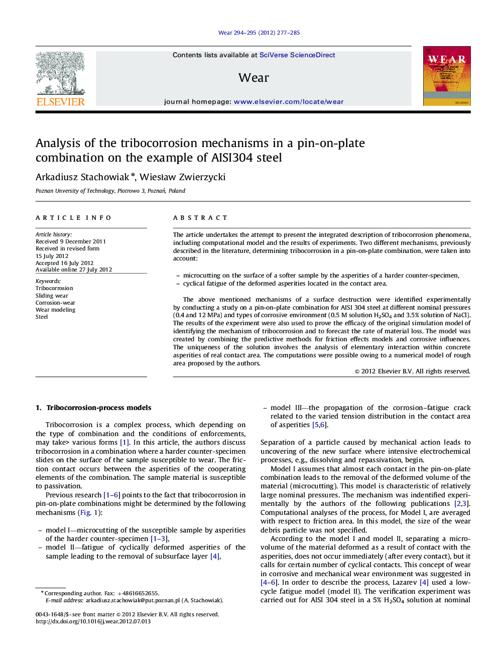 Analysis of the tribocorrosion mechanisms in a pin-on-plate combination on the example of AISI304 steel