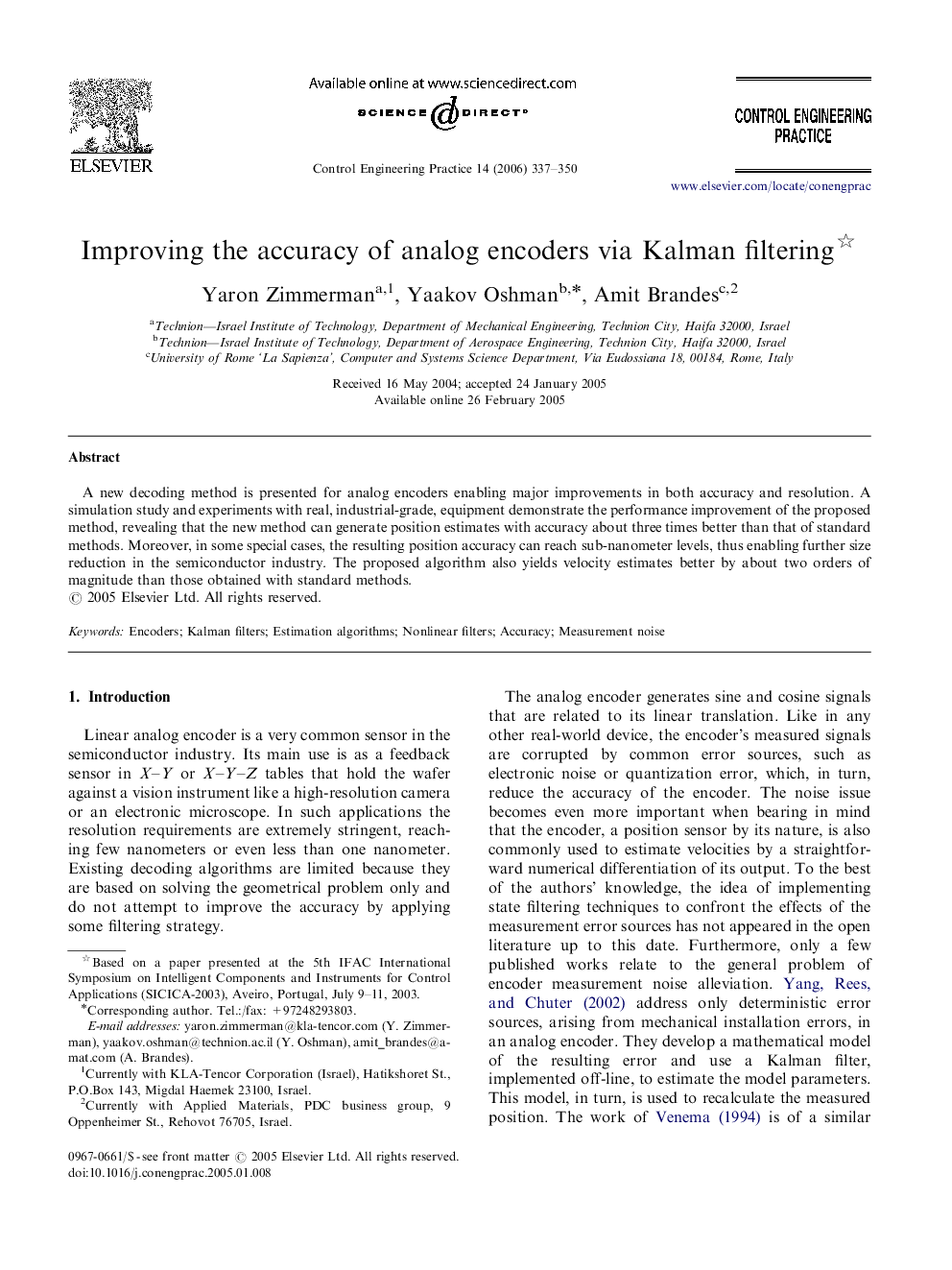 Improving the accuracy of analog encoders via Kalman filtering 