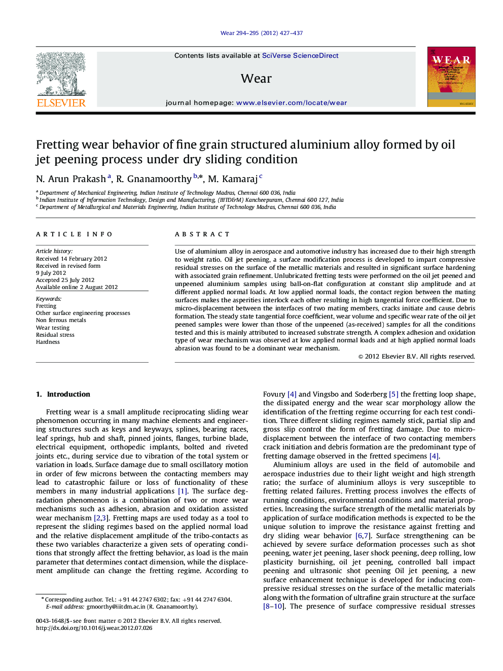 Fretting wear behavior of fine grain structured aluminium alloy formed by oil jet peening process under dry sliding condition