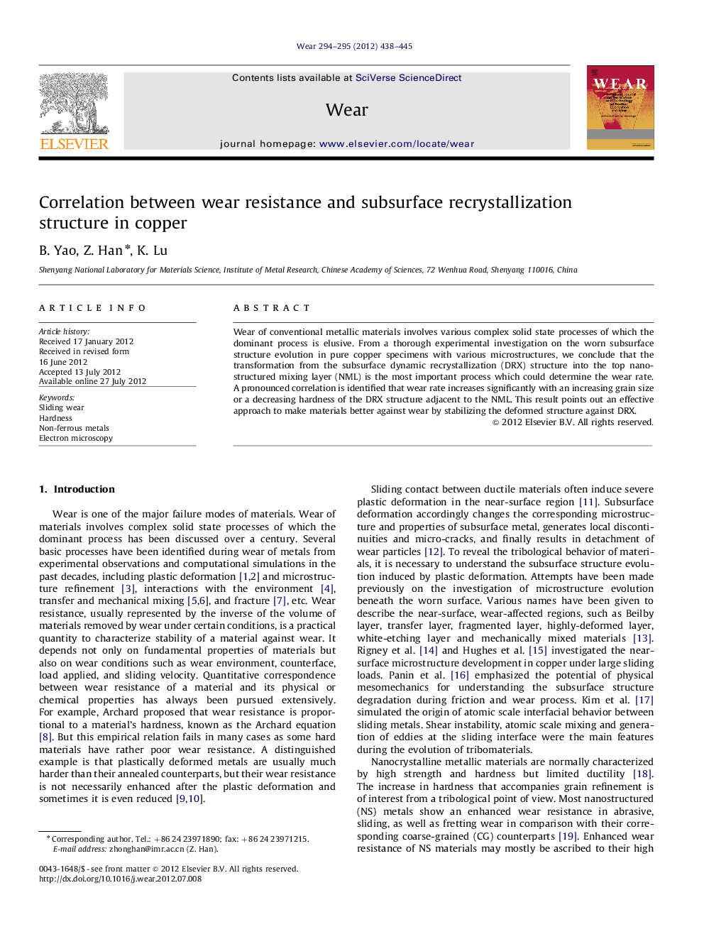 Correlation between wear resistance and subsurface recrystallization structure in copper