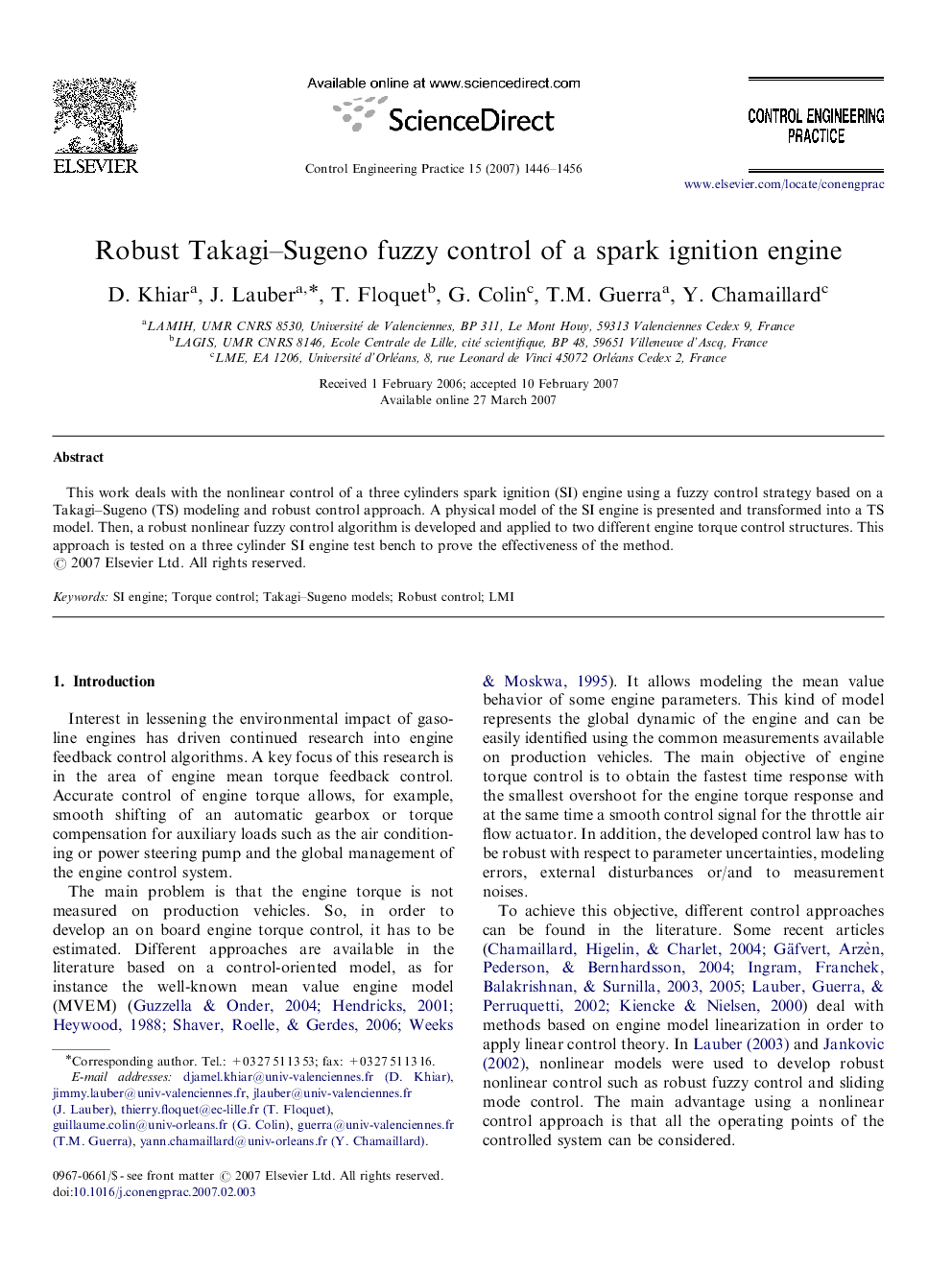 Robust Takagi–Sugeno fuzzy control of a spark ignition engine