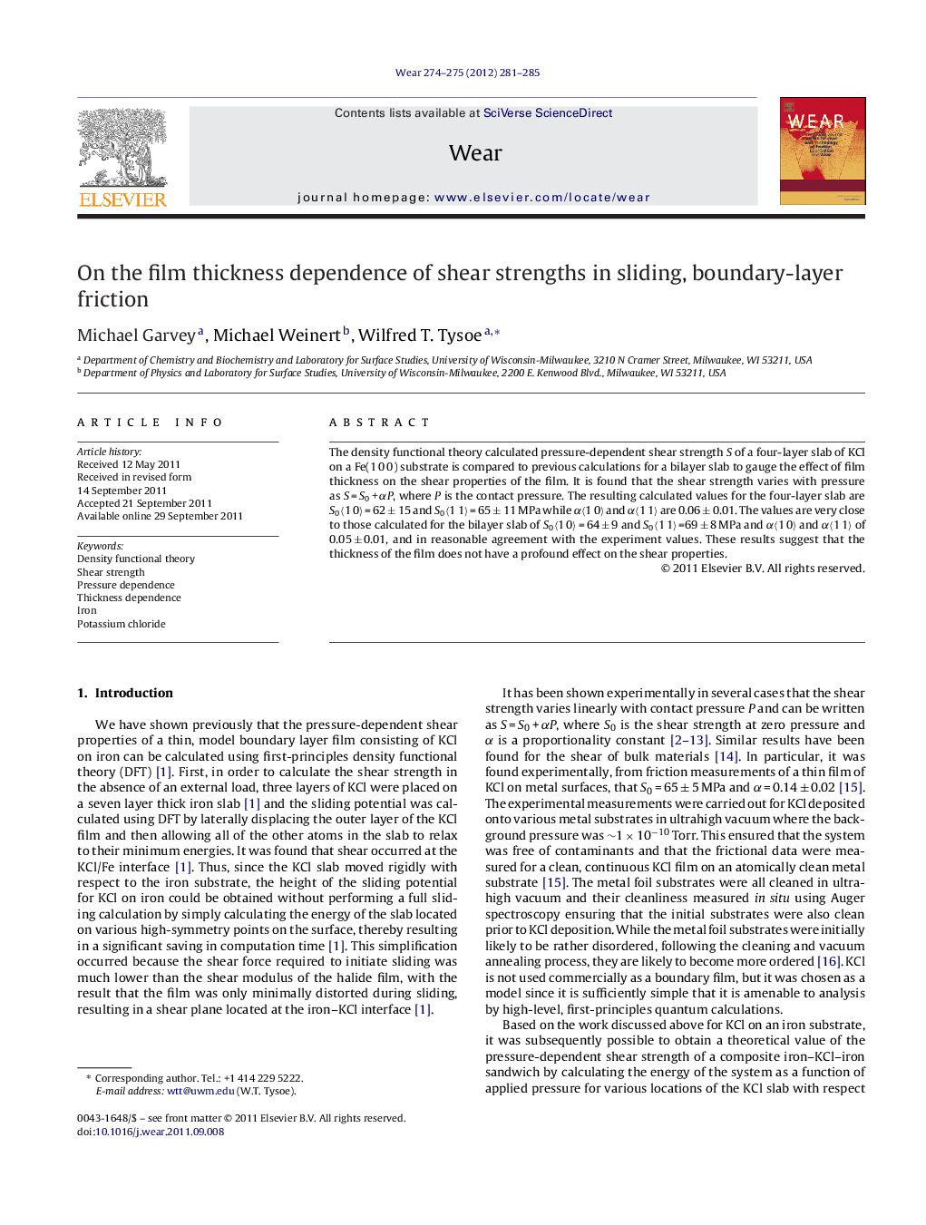 عکس صفحه اول مقاله: On the film thickness dependence of shear strengths in sliding, boundary-layer friction On the film thickness dependence of shear strengths in sliding, boundary-layer friction