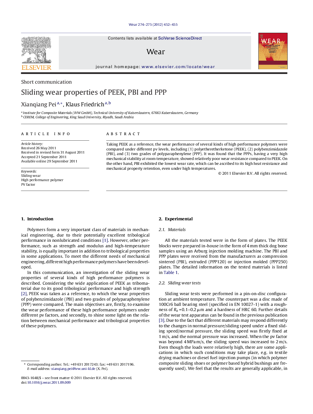 Sliding wear properties of PEEK, PBI and PPP