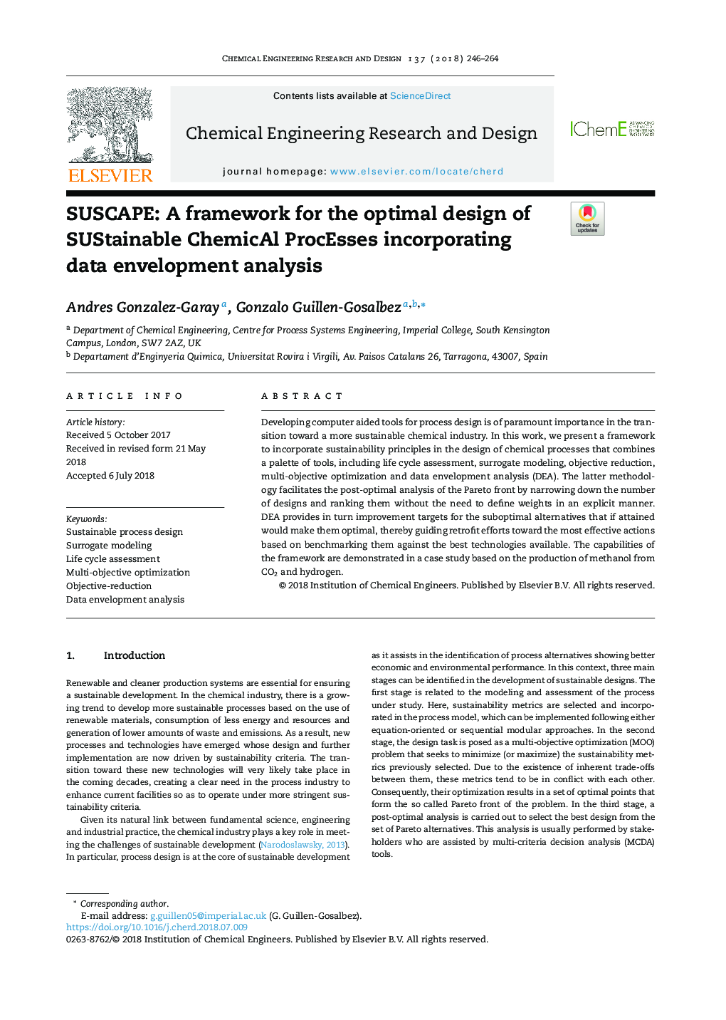 SUSCAPE: A framework for the optimal design of SUStainable ChemicAl ProcEsses incorporating data envelopment analysis