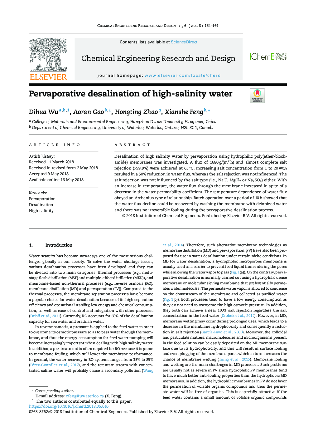 Pervaporative desalination of high-salinity water