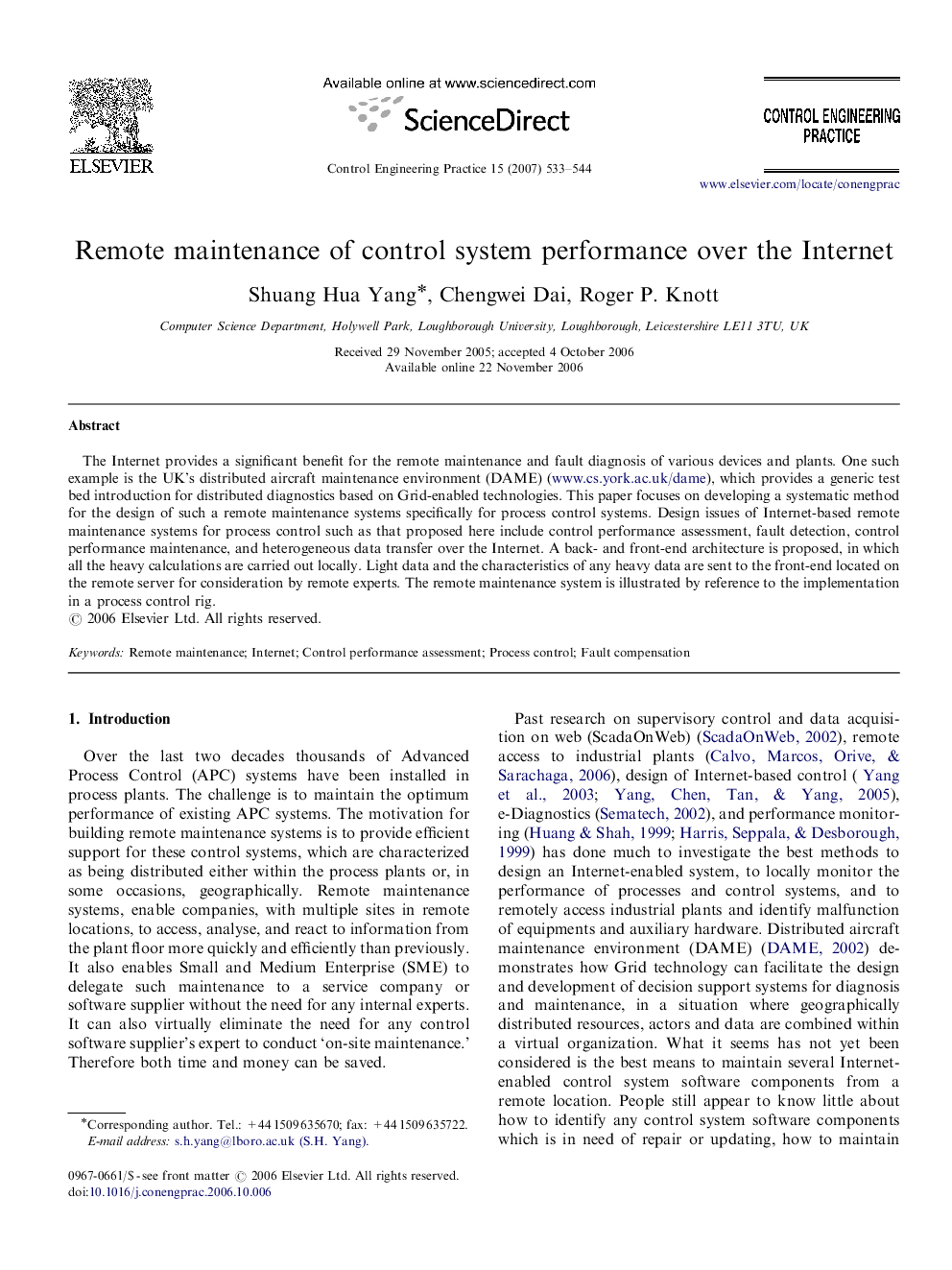 Remote maintenance of control system performance over the Internet