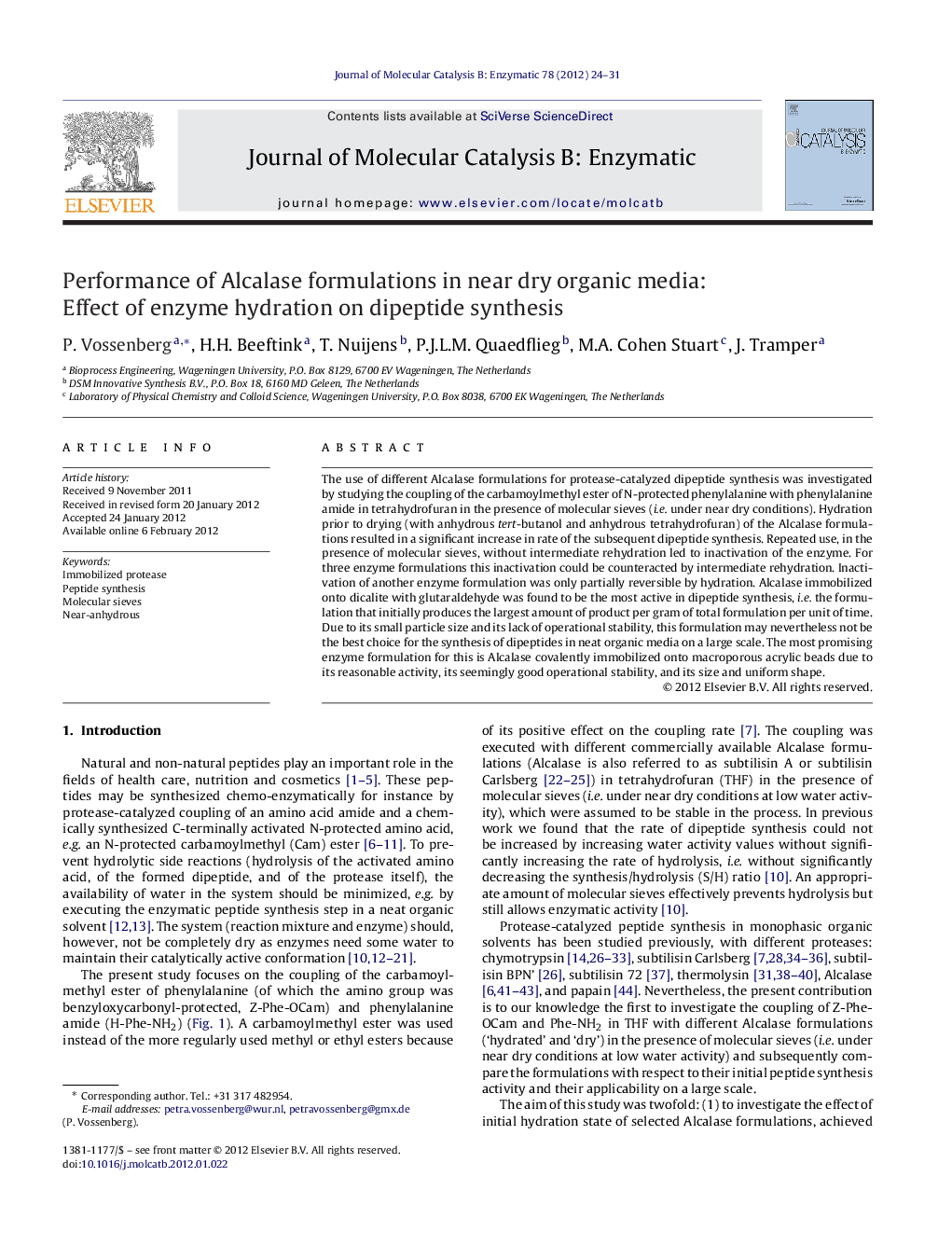 Performance of Alcalase formulations in near dry organic media: Effect of enzyme hydration on dipeptide synthesis