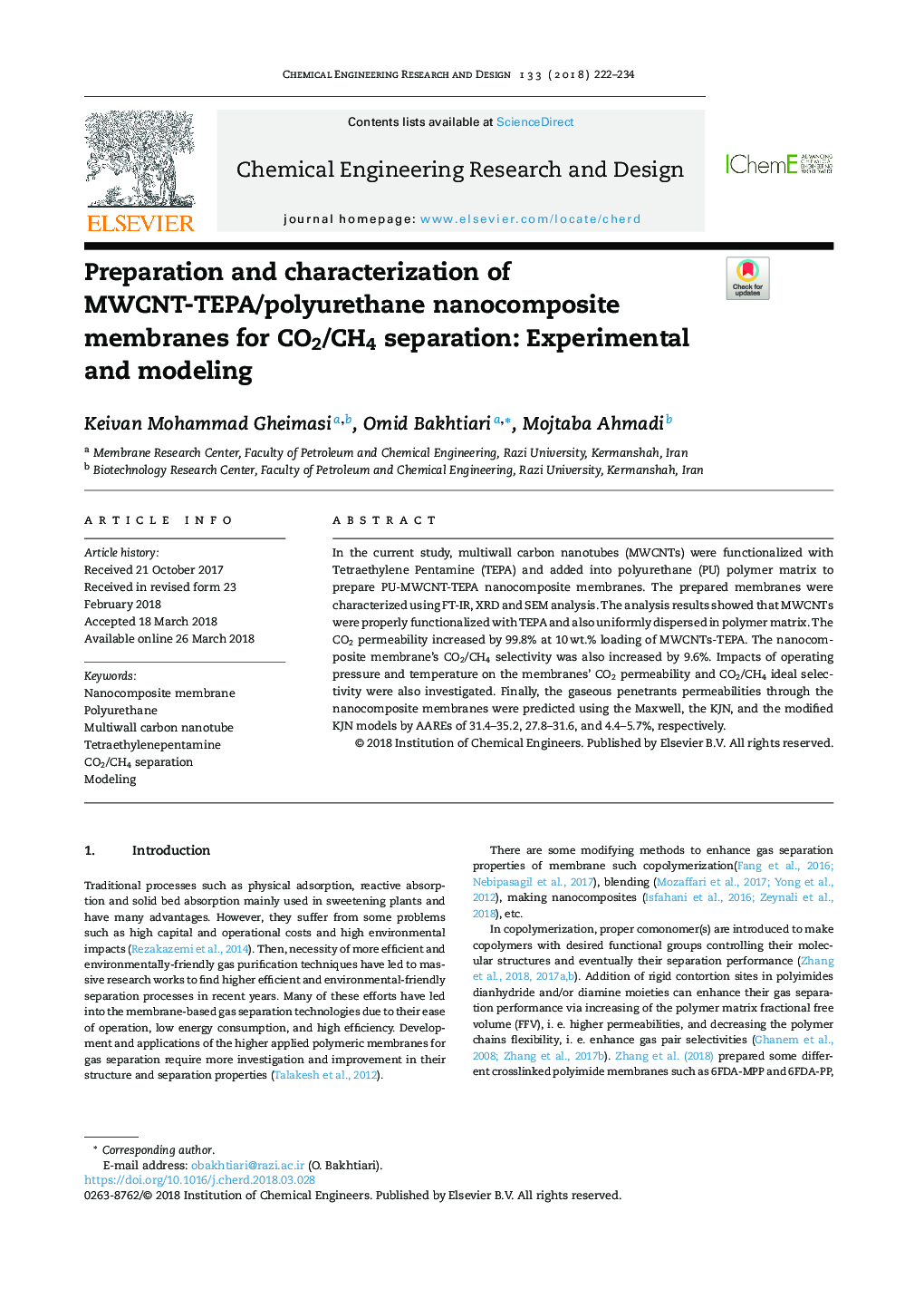 عکس صفحه اول مقاله: Preparation and characterization of MWCNT-TEPA/polyurethane nanocomposite membranes for CO2/CH4 separation: Experimental and modeling Preparation and characterization of MWCNT-TEPA/polyurethane nanocomposite membranes for CO2/CH4 separation: Experimental and modeling