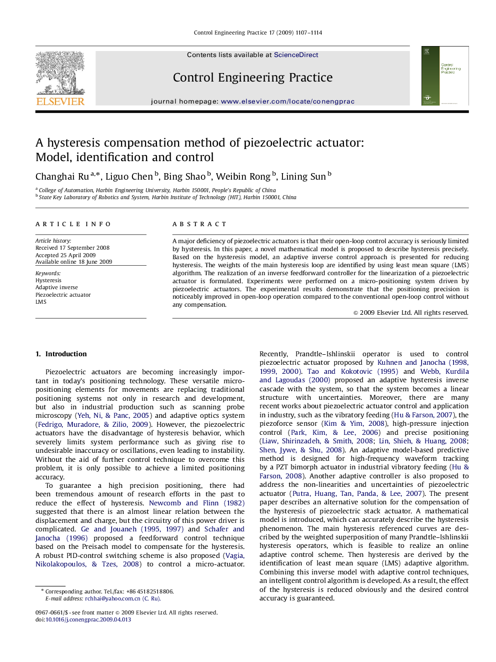 عکس صفحه اول مقاله: A hysteresis compensation method of piezoelectric actuator: Model, identification and control A hysteresis compensation method of piezoelectric actuator: Model, identification and control