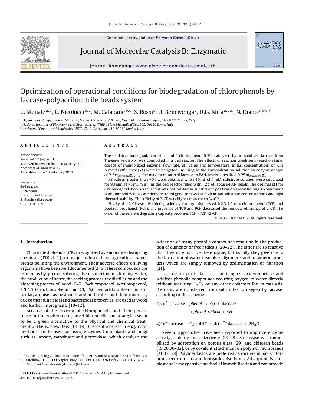 Optimization of operational conditions for biodegradation of chlorophenols by laccase-polyacrilonitrile beads system