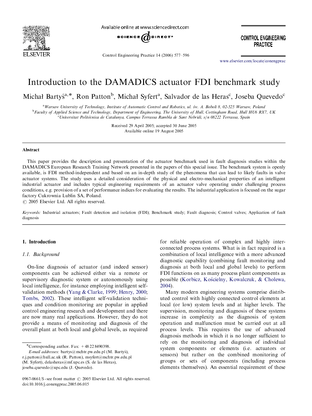 Introduction to the DAMADICS actuator FDI benchmark study