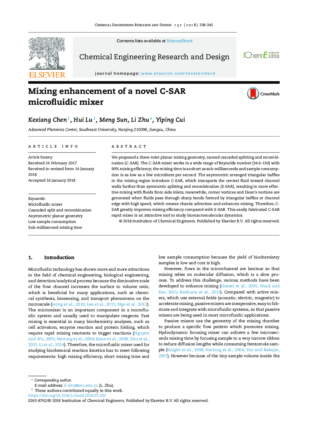 Mixing enhancement of a novel C-SAR microfluidic mixer