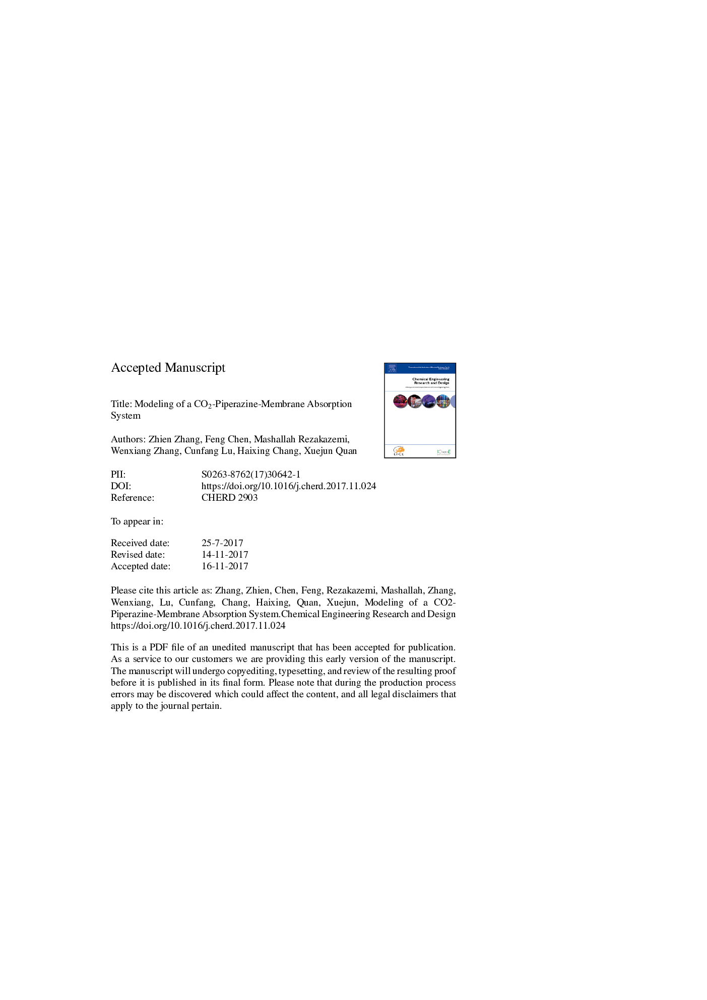 عکس صفحه اول مقاله: Modeling of a CO2-piperazine-membrane absorption system Modeling of a CO2-piperazine-membrane absorption system