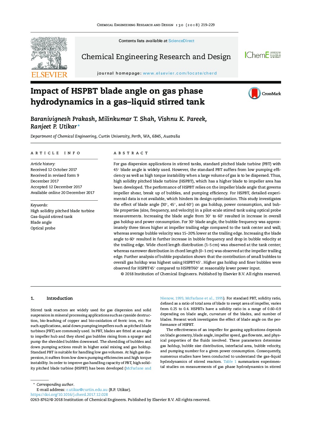 Impact of HSPBT blade angle on gas phase hydrodynamics in a gas-liquid stirred tank