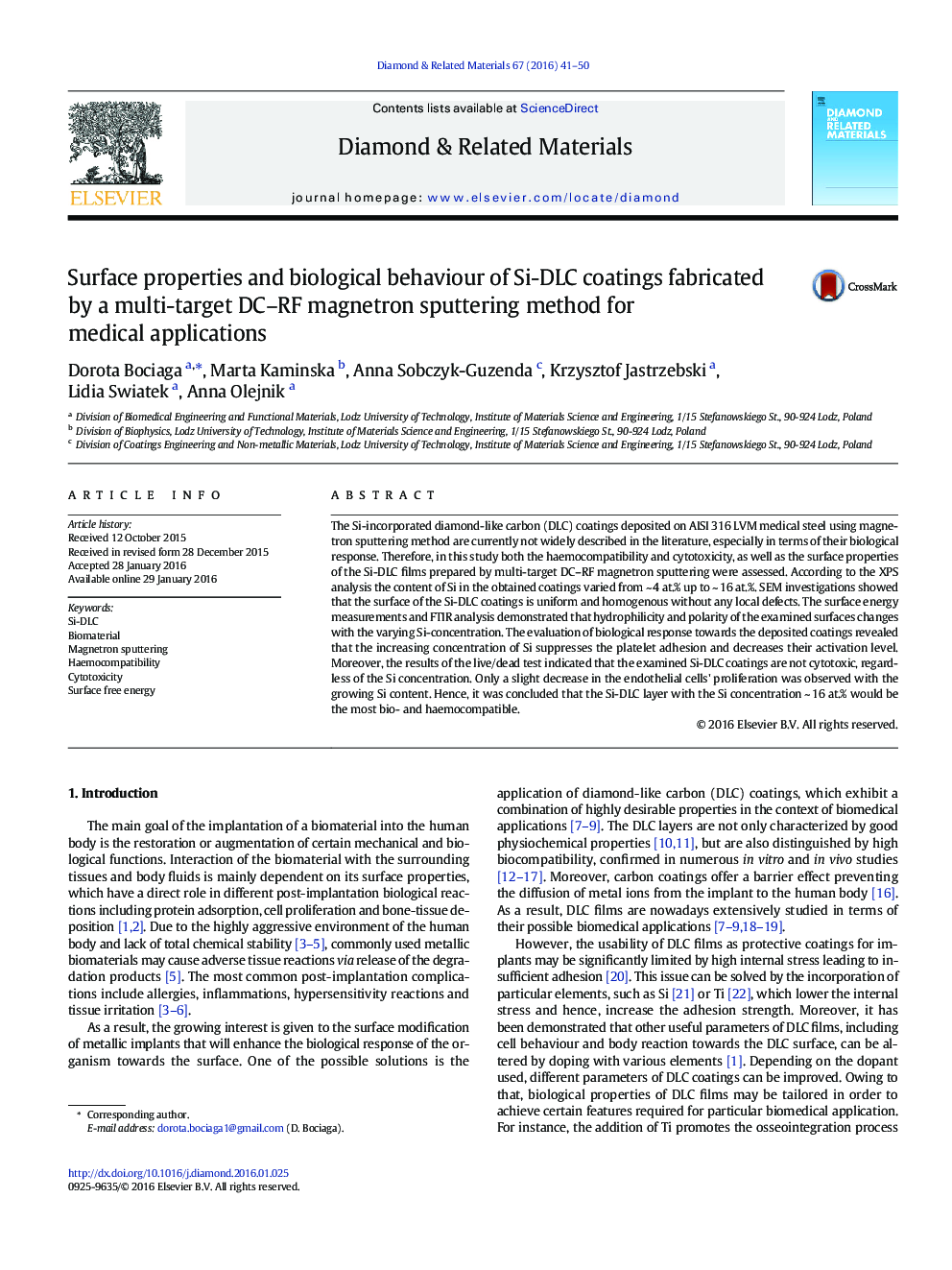 Surface properties and biological behaviour of Si-DLC coatings fabricated by a multi-target DC–RF magnetron sputtering method for medical applications