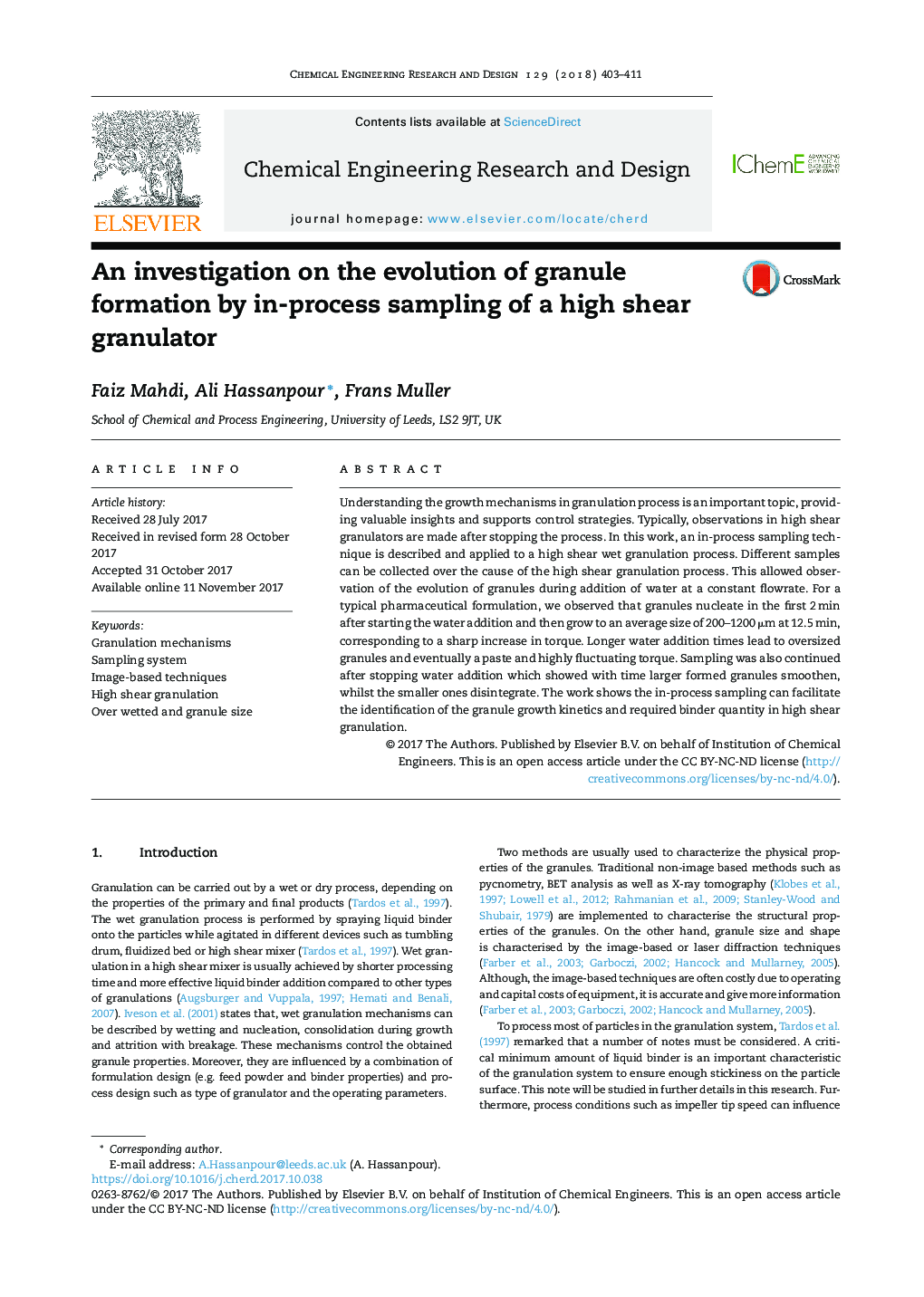 An investigation on the evolution of granule formation by in-process sampling of a high shear granulator