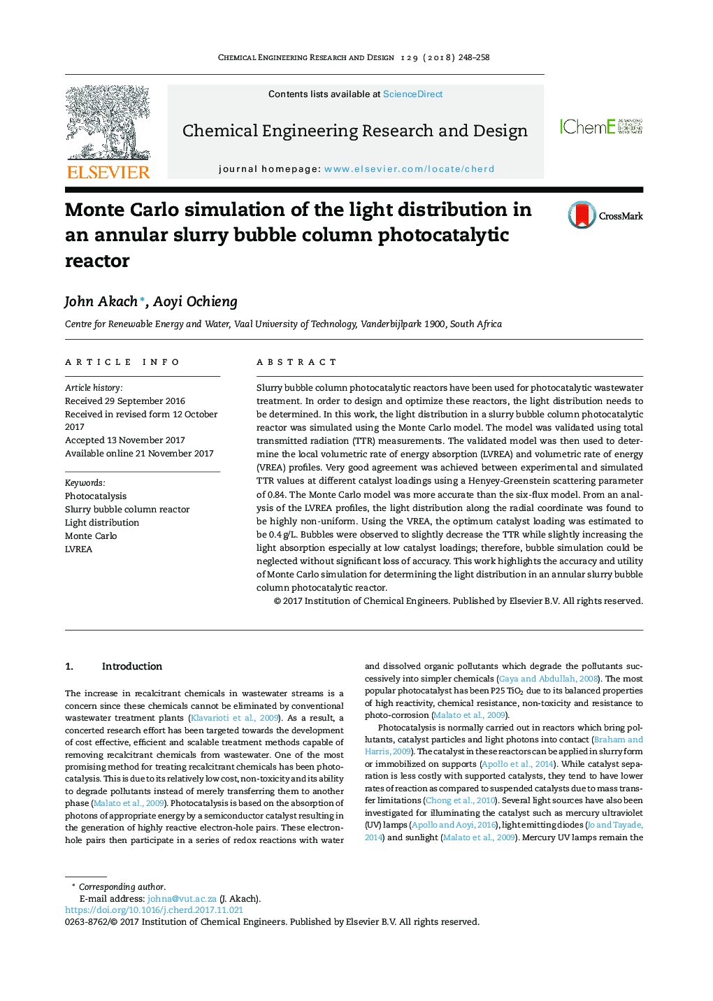 Monte Carlo simulation of the light distribution in an annular slurry bubble column photocatalytic reactor