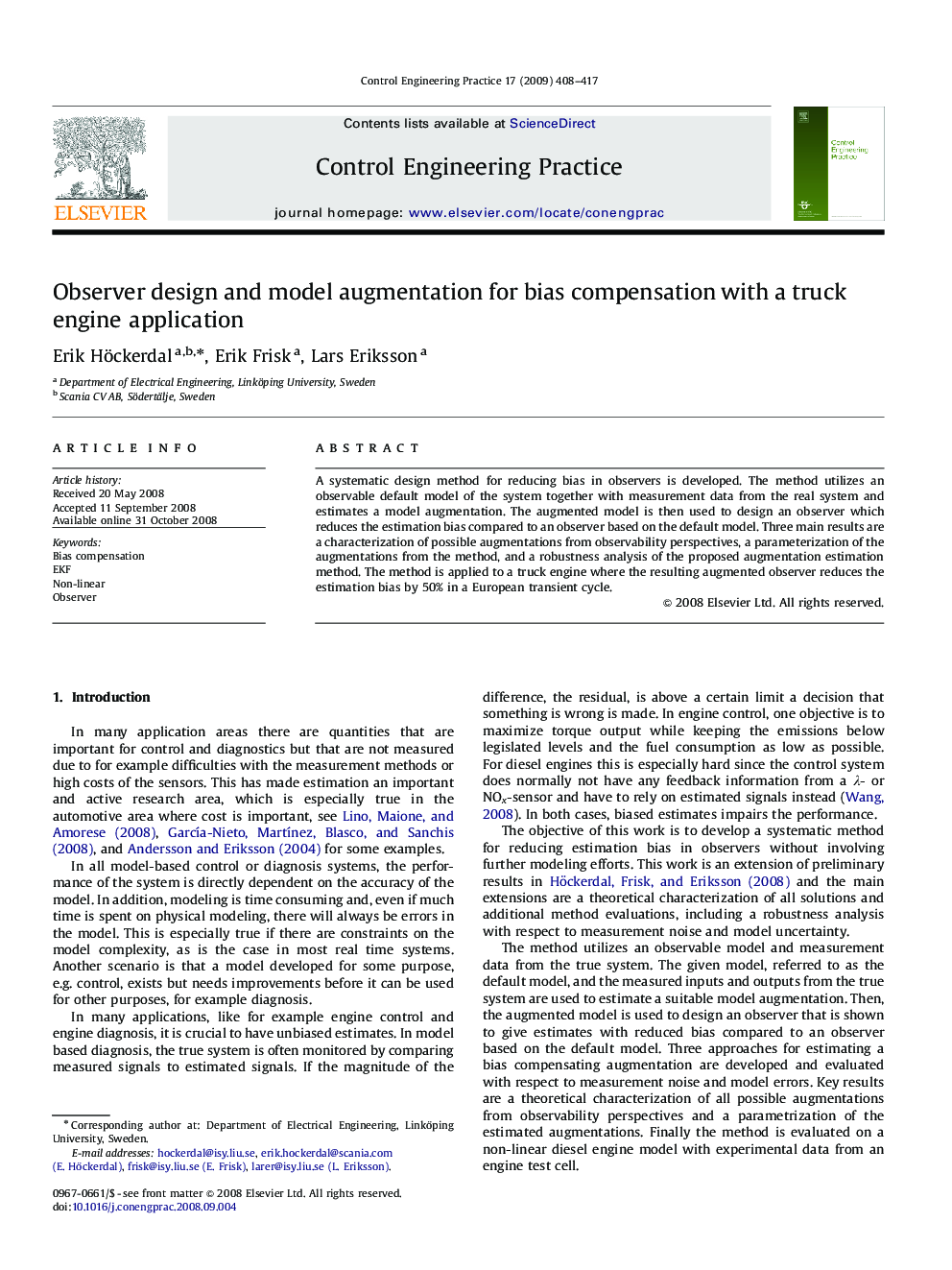 Observer design and model augmentation for bias compensation with a truck engine application