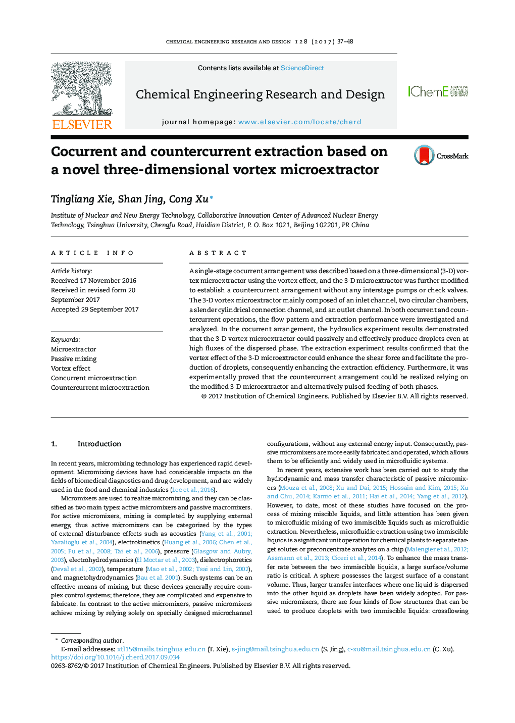 Cocurrent and countercurrent extraction based on a novel three-dimensional vortex microextractor